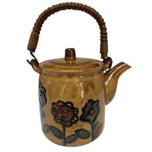 Vintage Otagiri Stoneware Teapot With Flowers Swing Handle
